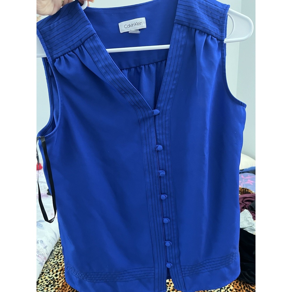 CALVIN KLEIN Cobalt Blue Silver Tab Blouse Top Size S ❤️